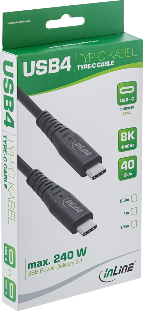 InLine® USB4 kabelis, C tipo USB kištukas/vyras, PD 240W, 8K60Hz, TPE juodas, 2m