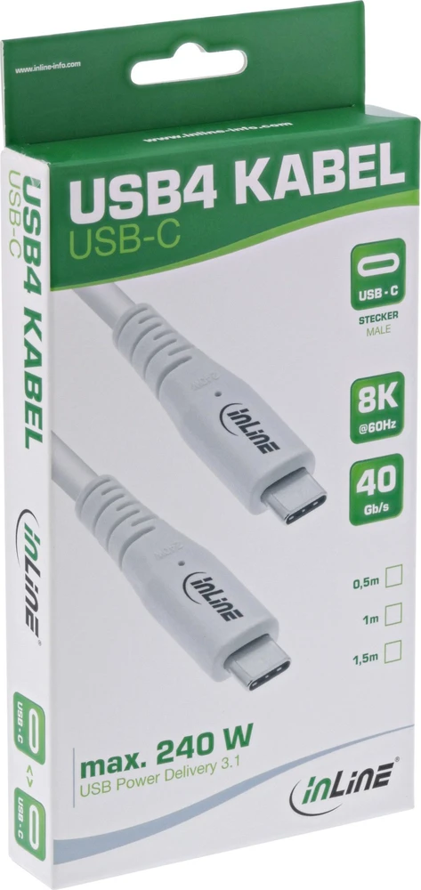„InLine ®“ USB4 laidas, USB C tipo kištukas/kištukas, PD 240 W, 8K60 Hz, TPE, baltas, 1 m