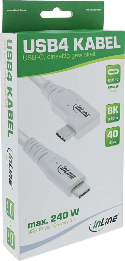 „InLine ®“ USB4 laidas, USB C tipo, viena pusė kampuota, PD 240 W, 8K60 Hz, TPE baltas, 1 m
