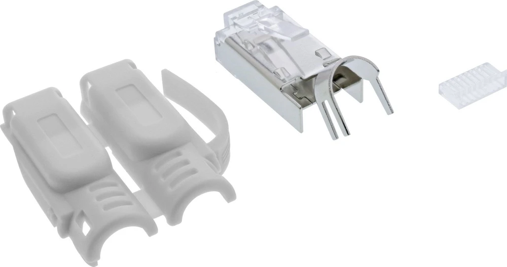 InLine® užspaudžiami kištukai Cat.6A RJ45 ekranuoti, su apsauga nuo lenkimo ir įkišimo kreiptuvu, pilki, 100vnt. pakuotė