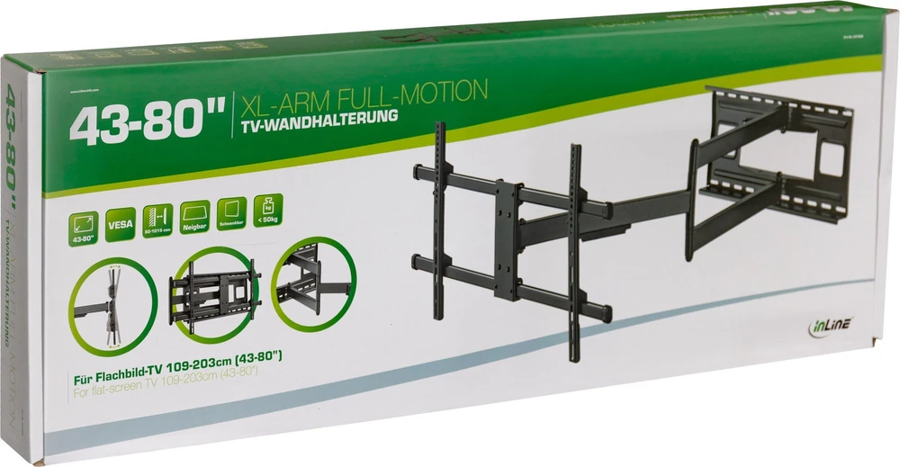 „InLine® XL-Arm“ viso judesio televizoriaus sieninis laikiklis, skirtas 43–80 colių plokščiaekraniams televizoriams, maks. 50 kg