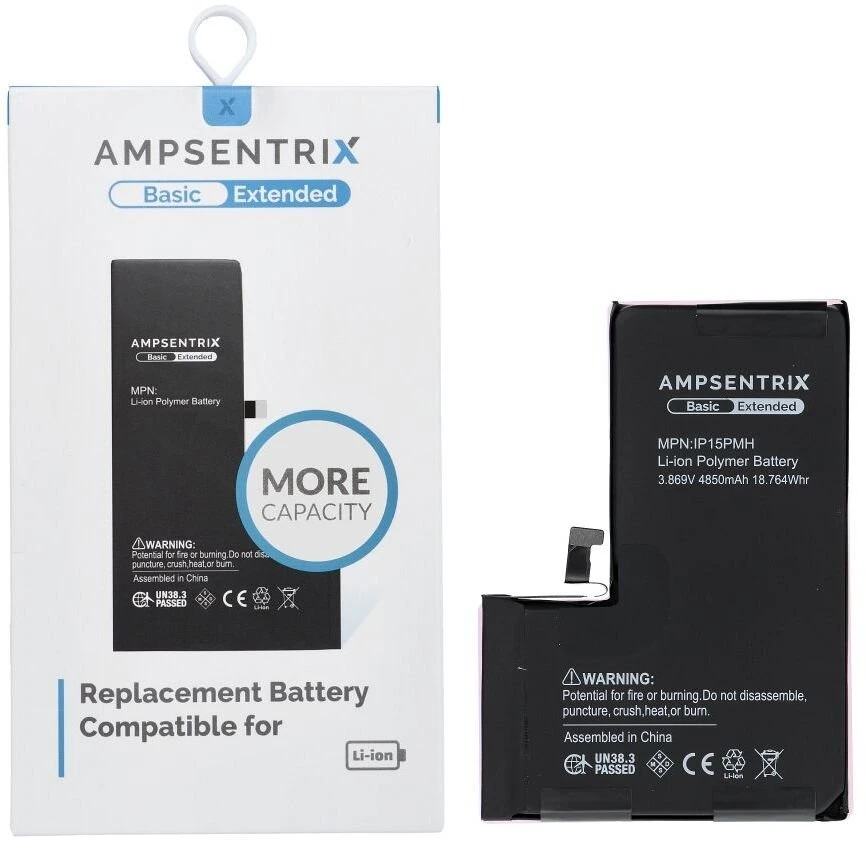 Inne „Oem AmpSentrix Basic“ baterija, skirta „iPhone 15 Pro Max“ (didelės talpos 4850 mAh)