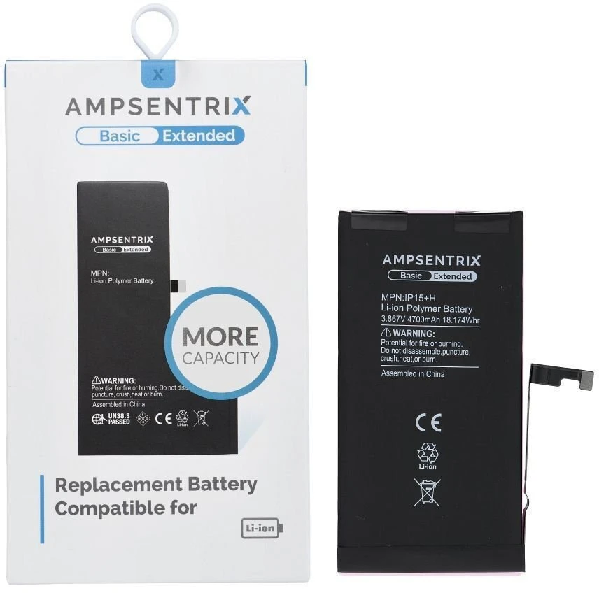 Inne „Oem AmpSentrix Basic“ baterija, skirta „iPhone 15 Plus“ (didelės talpos 4700 mAh)