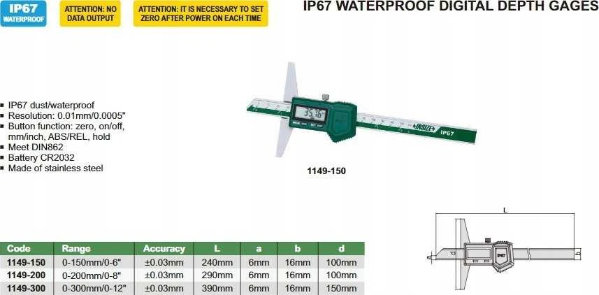 Insize Dydis DEPTH. NUMERIS 150/100 MAGA IP67