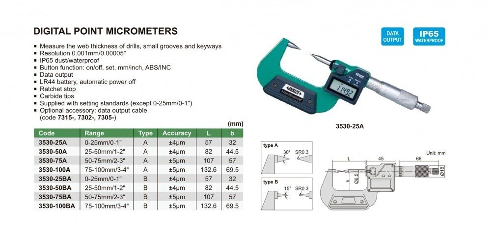 Insize MIKROMETRAS SKAITMENINIS 0-25 TAŠKINIS IP54 TIPAS-B