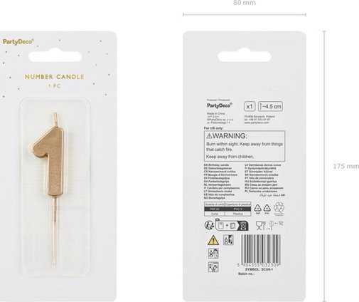 PartyDeco Gimtadienio žvakutė su smeigtuku nr 1 auksinė 4,5cm