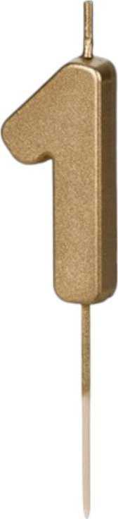PartyDeco Gimtadienio žvakutė su smeigtuku nr 1 auksinė 4,5cm