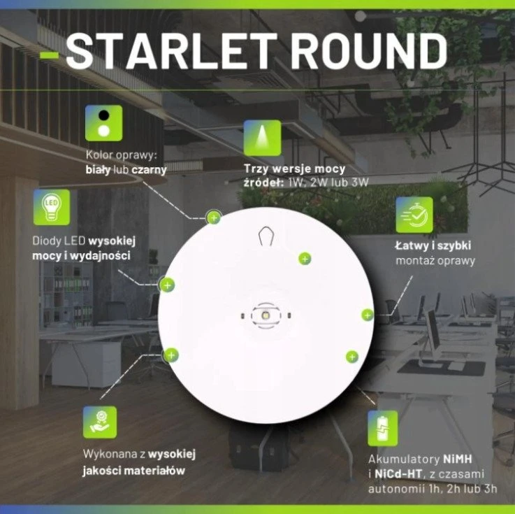 Intelight 1W avarinis šviestuvas STARLET ROUND SO 150 NM 1H MT, baltas