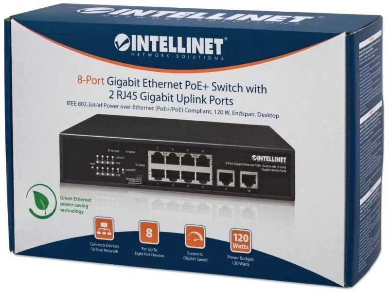 Šakotuvas Intellinet 561402 jungiklis Gigabit 8x RJ45 PoE+, 2x RJ45 Uplink