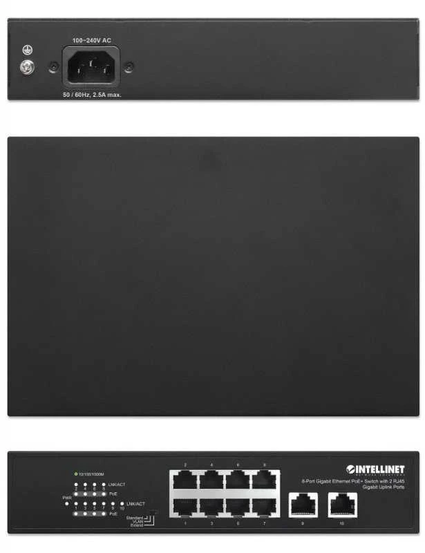 Šakotuvas Intellinet 561402 jungiklis Gigabit 8x RJ45 PoE+, 2x RJ45 Uplink