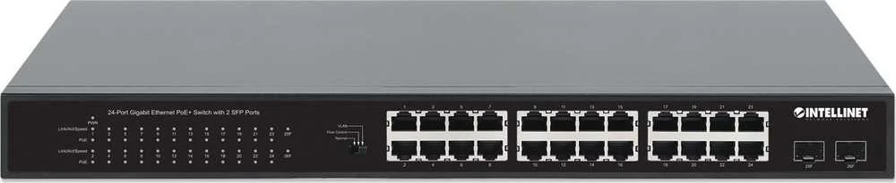 Šakotuvas Intellinet 561891 jungiklis 24x RJ45 Gigabit POE+ 370W, 2x SFP Gigabit, rankinis VLAN