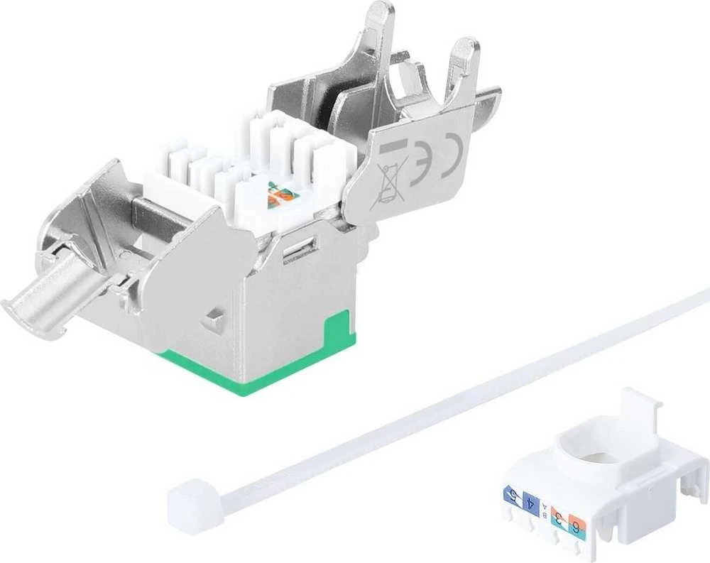 „Intellinet Network Solutions“ INTELLINET Cat6a 10G plonas „Keystone“ modulis STP, be įrankių, su užspaudžiamu spaustuku, skirtas vientisai vielai, paauksuoti kontaktai, metalinis korpusas, žalias