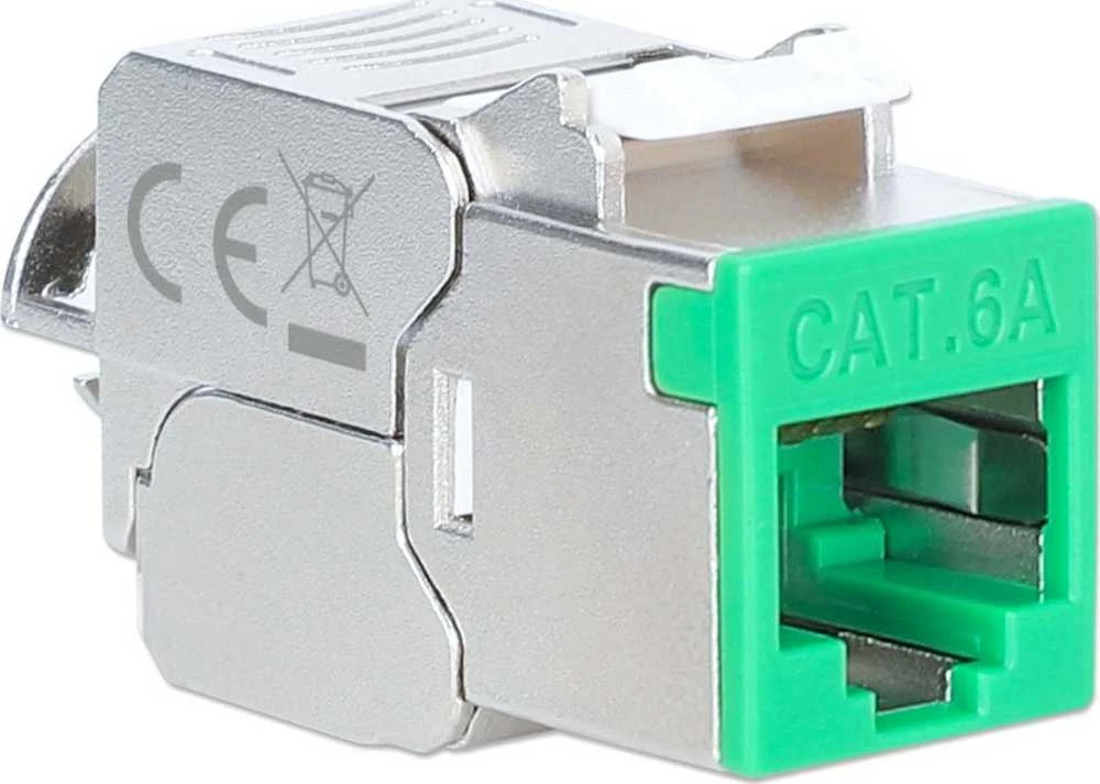 „Intellinet Network Solutions“ INTELLINET Cat6a 10G plonas „Keystone“ modulis STP, be įrankių, su užspaudžiamu spaustuku, skirtas vientisai vielai, paauksuoti kontaktai, metalinis korpusas, žalias