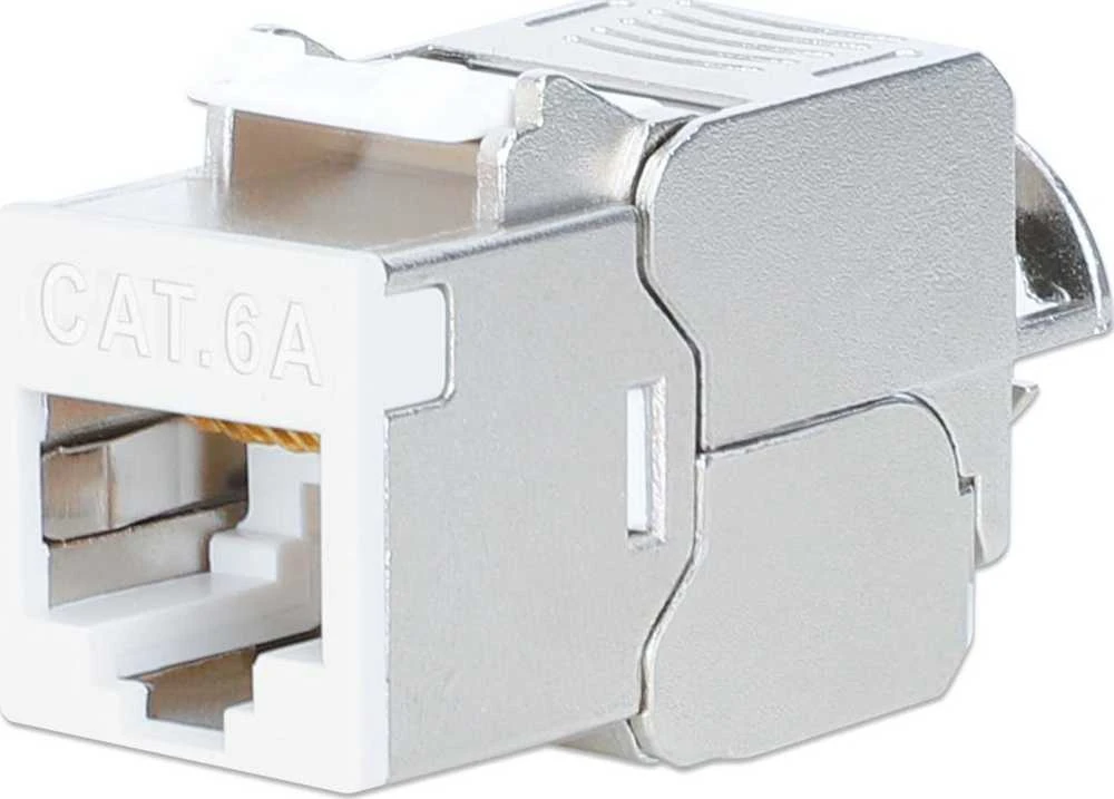 „Intellinet Network Solutions“ INTELLINET Cat6a 10G plonas „Keystone“ modulis STP be įrankių su fiksavimo spaustuku vientisam laidui, paauksuoti kontaktai, metalinis korpusas, baltas