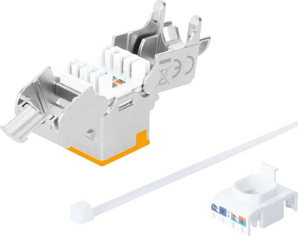 „Intellinet Network Solutions“ INTELLINET Cat6a 10G plonas „Keystone“ modulis STP be įrankių su fiksavimo spaustuku vientisam laidui, paauksuoti kontaktai, metalinis korpusas, oranžinis