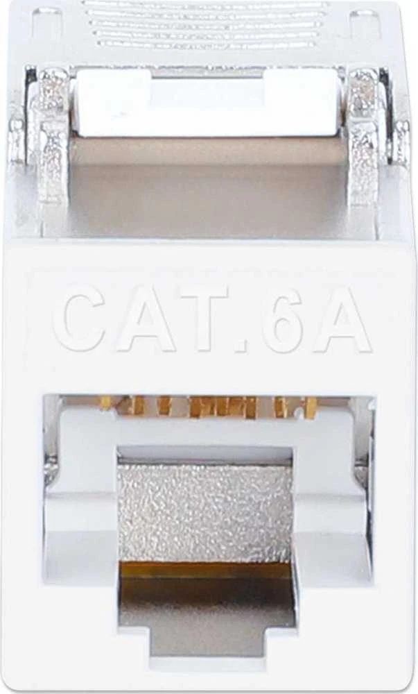 „Intellinet Network Solutions“ INTELLINET Cat6a 10G plonas „Keystone“ modulis STP be įrankių su fiksavimo spaustuku vientisam laidui, paauksuoti kontaktai, metalinis korpusas, baltas