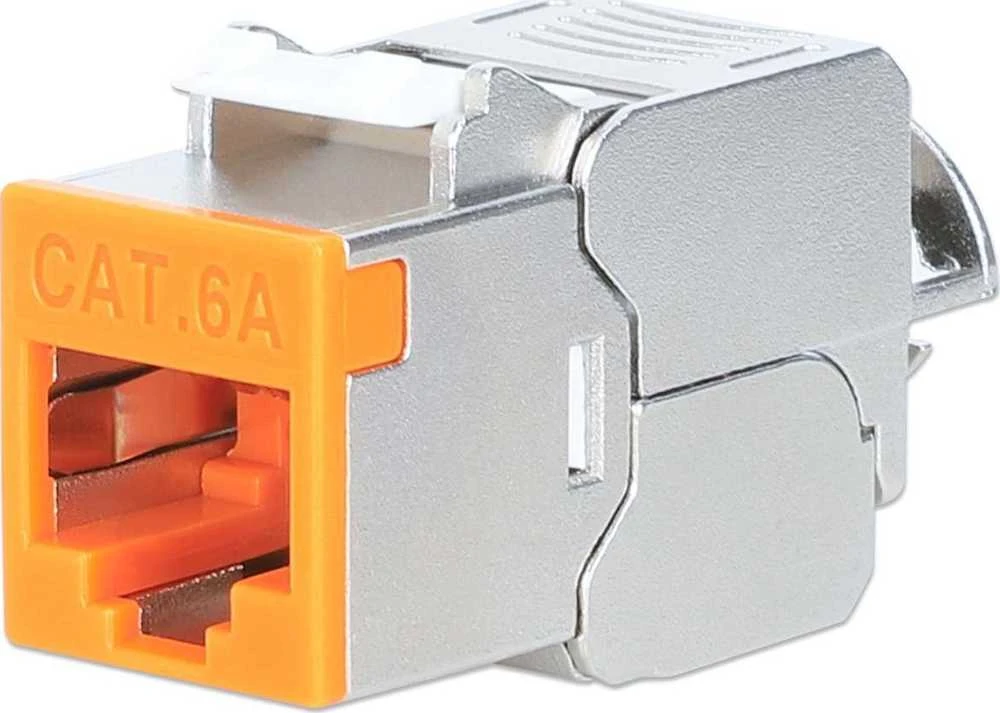 „Intellinet Network Solutions“ INTELLINET Cat6a 10G plonas „Keystone“ modulis STP be įrankių su fiksavimo spaustuku vientisam laidui, paauksuoti kontaktai, metalinis korpusas, oranžinis