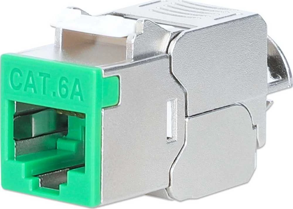 „Intellinet Network Solutions“ INTELLINET Cat6a 10G plonas „Keystone“ modulis STP, be įrankių, su užspaudžiamu spaustuku, skirtas vientisai vielai, paauksuoti kontaktai, metalinis korpusas, žalias