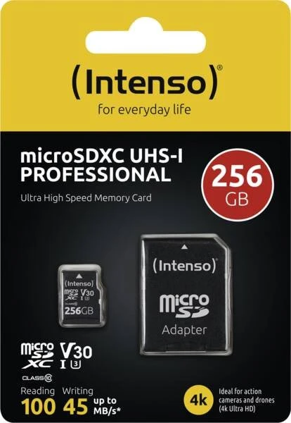 „Intenso Micro SDXC 256GB C10 UHS-I Professional“ + adapteris