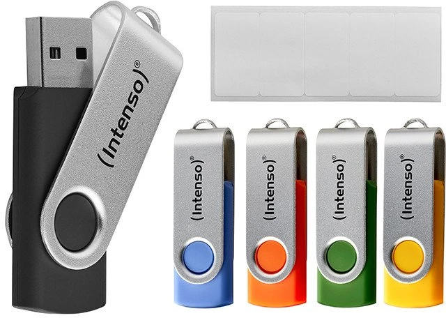 Mėlyna Intenso Office Line Multipack 64 GB, USB-Stick - 5 USB-A 3.2 USB-Sticks in yellow, žalias, juodas, mėlynas + oranžinis
