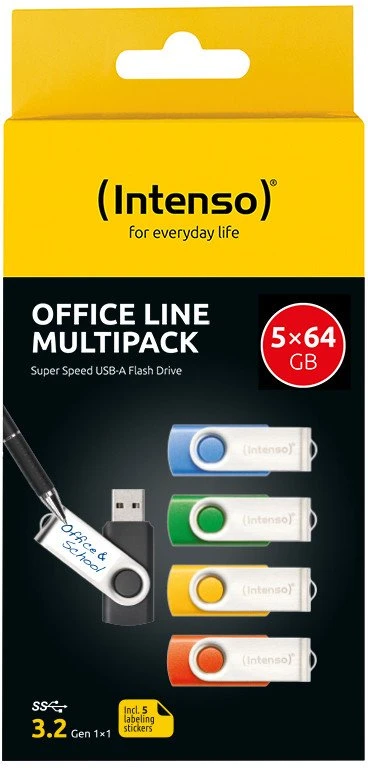 Mėlyna Intenso Office Line Multipack 64 GB, USB-Stick - 5 USB-A 3.2 USB-Sticks in yellow, žalias, juodas, mėlynas + oranžinis