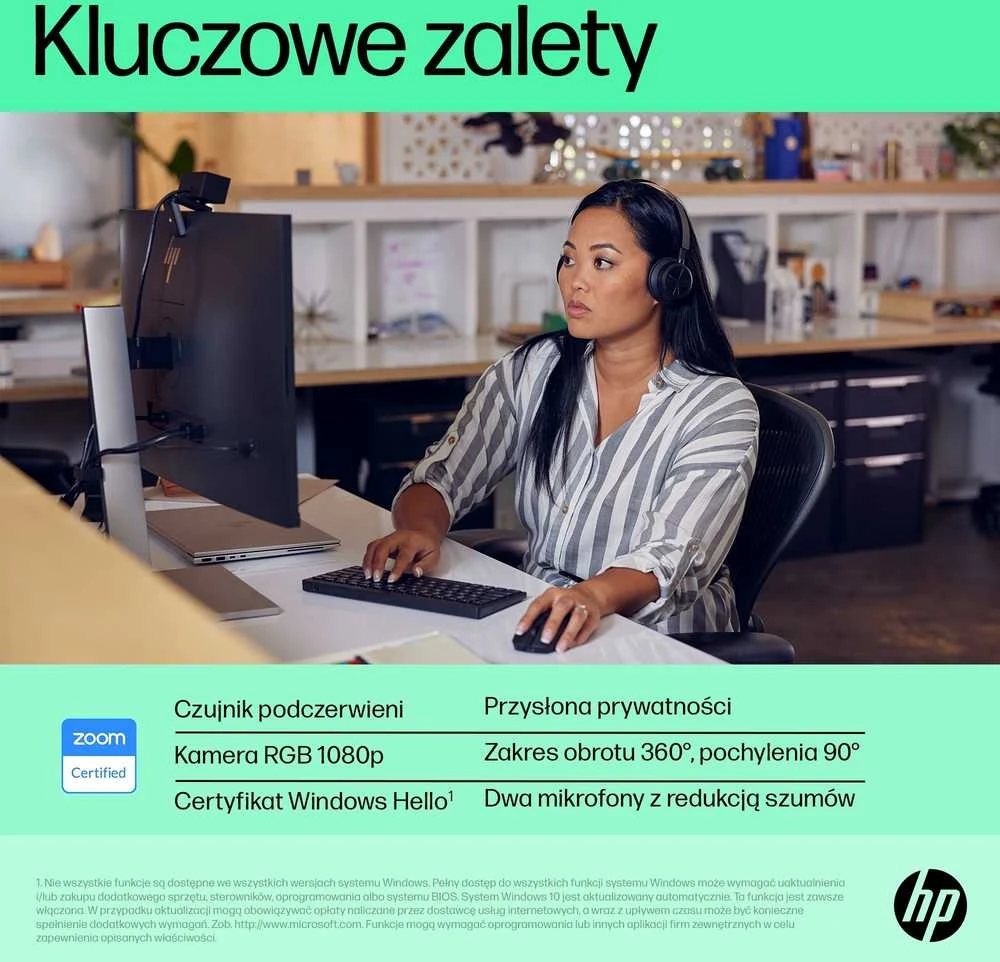 HP 625 USB FHD konferencijų verslo internetinė kamera – pakreipta, pasukama, dvigubą triukšmą mažinantis mikrofonas, HDR, suderinama su „Windows Hello“, pritvirtinama – Juodas