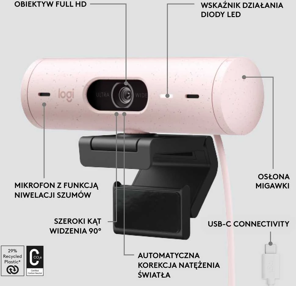 Internetinė kamera Logitech BRIO 500, Rožinės spalvos