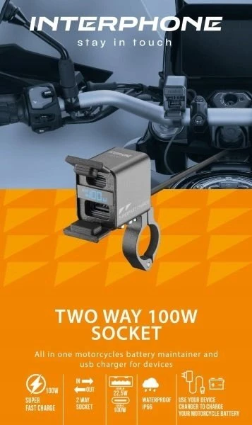 „Interphone Charger“ telefono įkroviklis – USB-C, USB-A su motociklo akumuliatoriaus įkrovimu