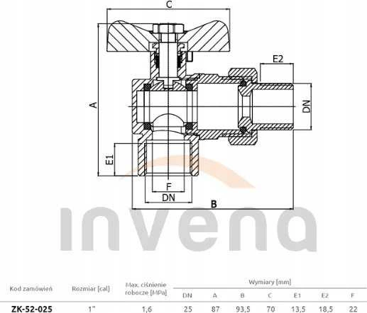 Invena ANGLE VANDENS VOŽTUVAS SU MONTUATU DN-25 Juodas