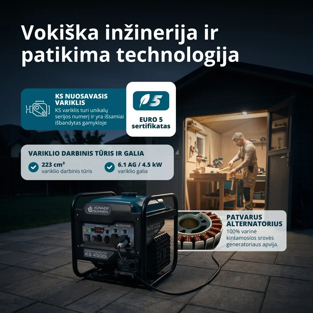 Inverterinis benzininis generatorius Könner & Söhnen KS 4500i, 4,2 kW, 230 V, 13 l