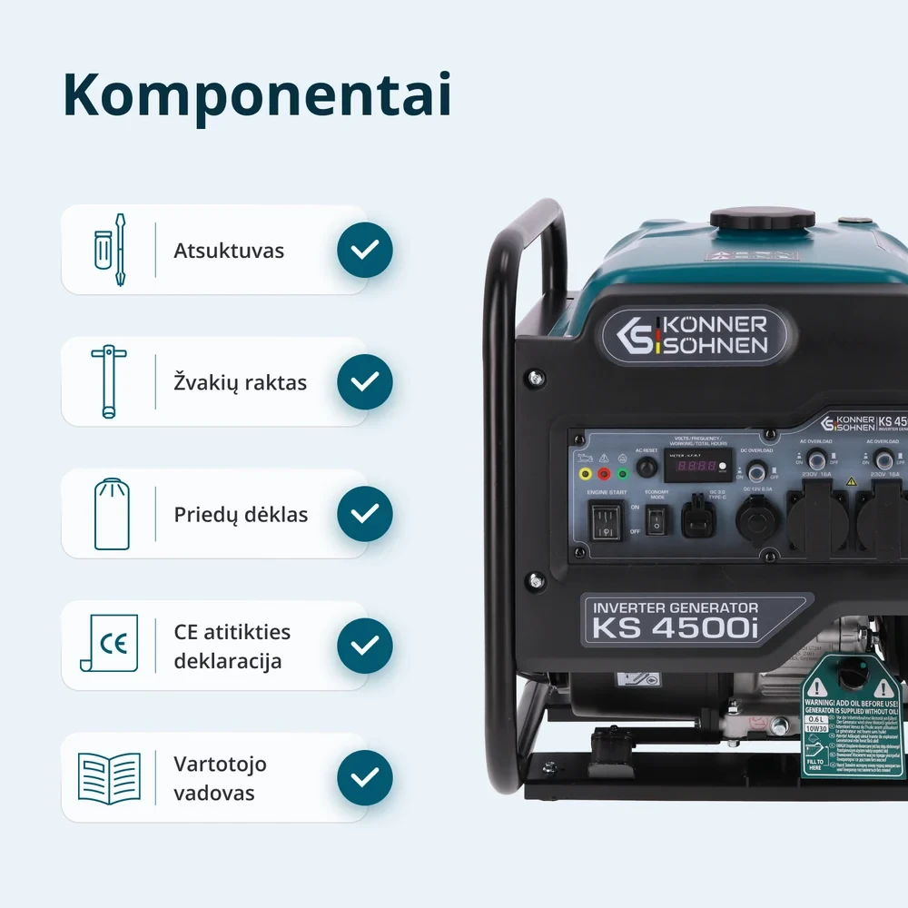 Inverterinis benzininis generatorius Könner & Söhnen KS 4500i, 4,2 kW, 230 V, 13 l