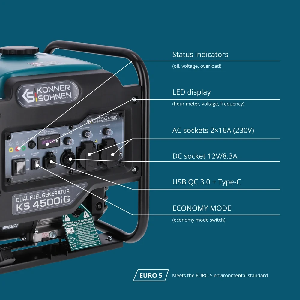 Inverterinis generatorius Könner & Söhnen KS 4500iG, 4,2 kW, 230 V, 13 l, dviejų kuro rūšių