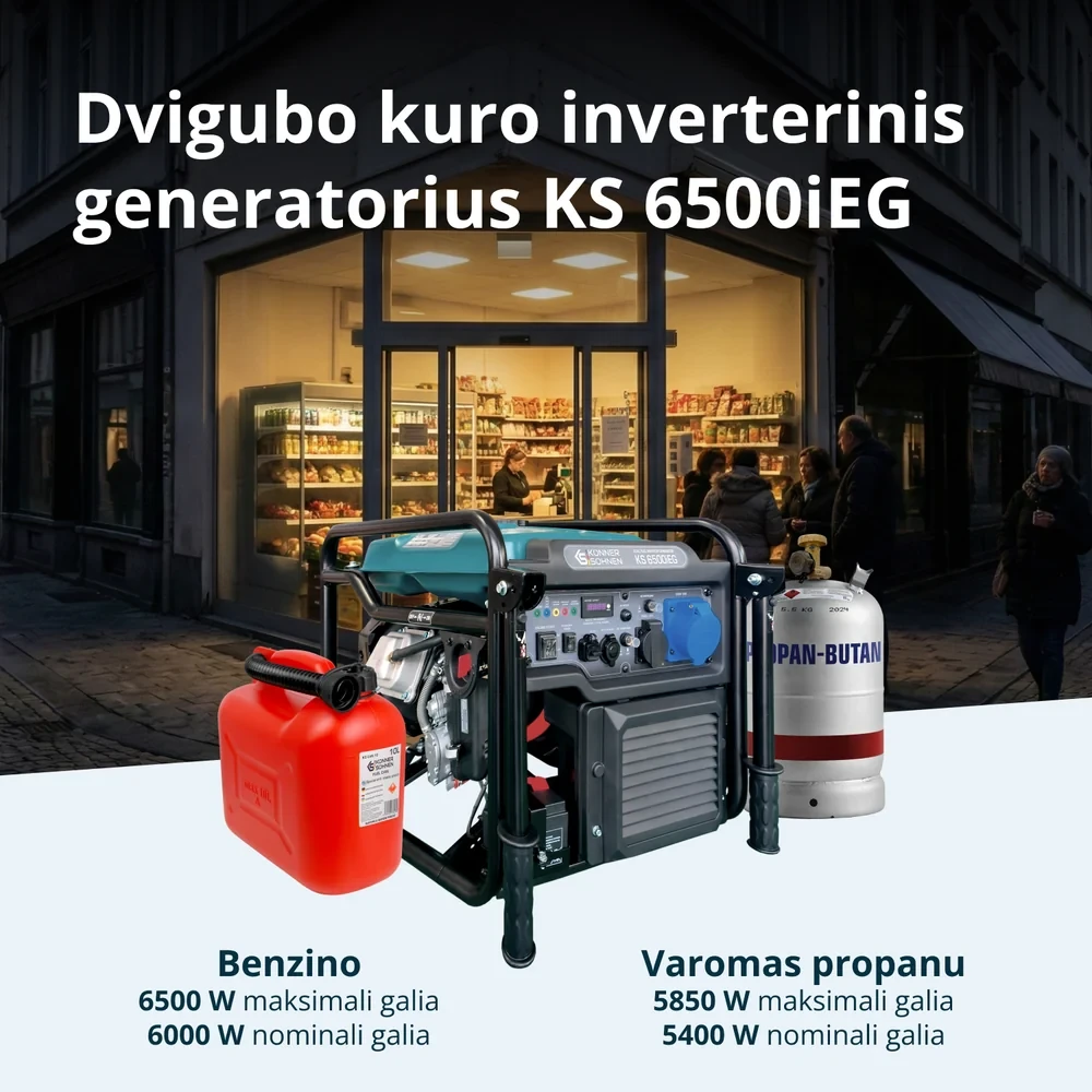 Inverterinis generatorius Könner & Söhnen KS 6500iEG, 6,5 kW, dviejų kuro rūšių, 230 V, 17 l