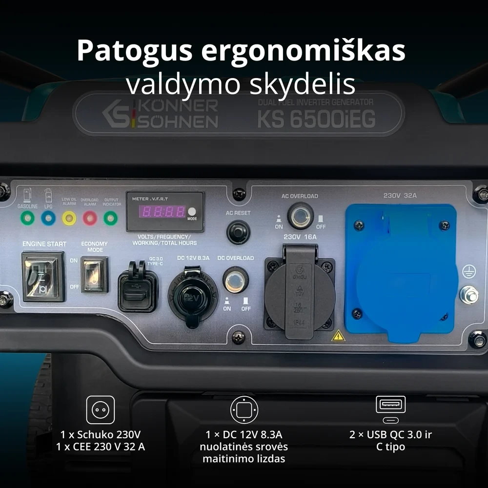 Inverterinis generatorius Könner & Söhnen KS 6500iEG, 6,5 kW, dviejų kuro rūšių, 230 V, 17 l