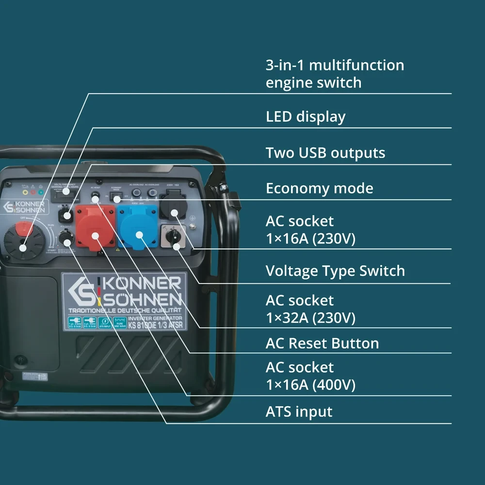 Inverterinis generatorius Könner & Söhnen KS 8100iE 1/3 ATSR, 8,5 kW, 230/400 V, 20 l
