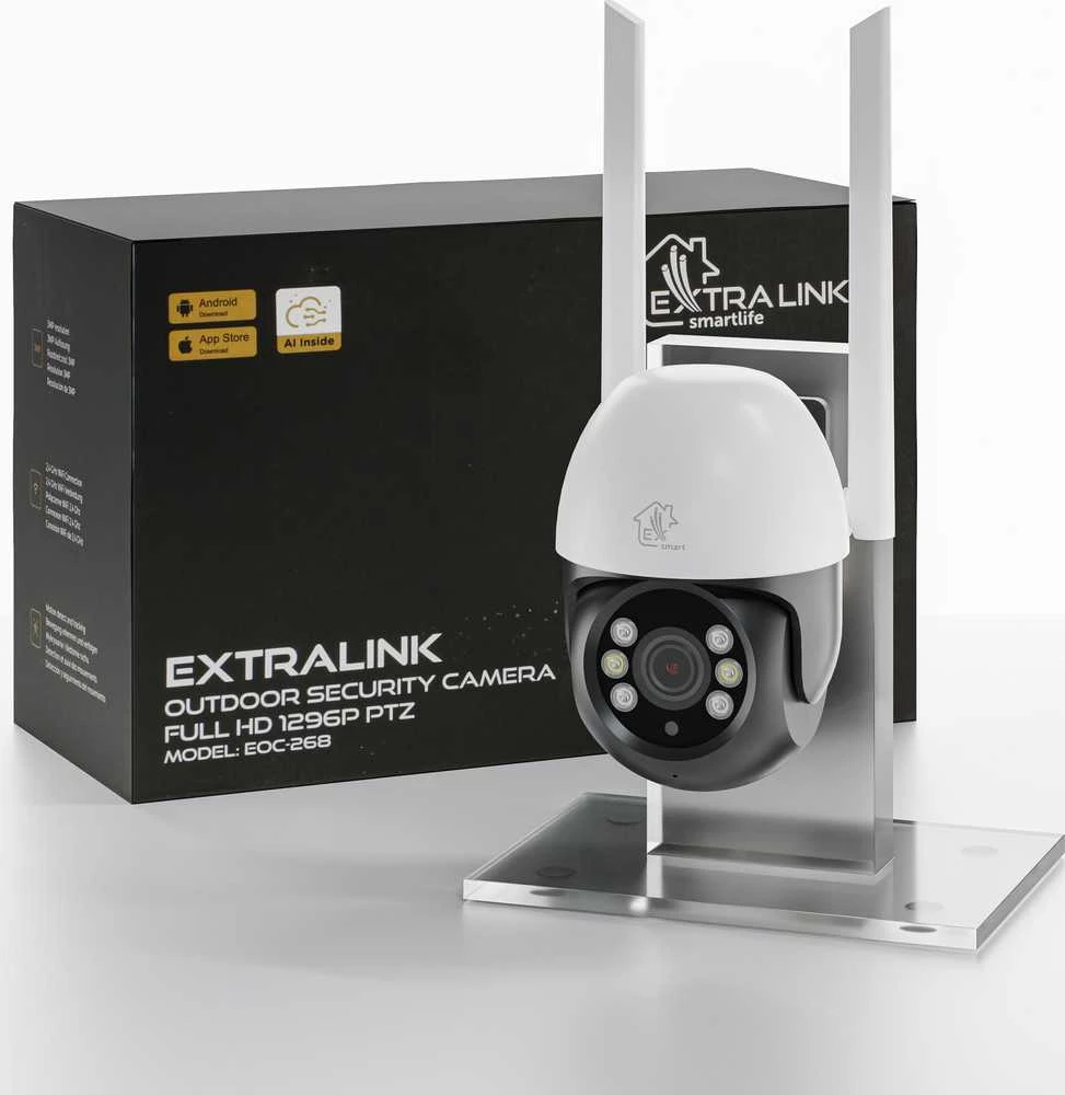 Bevielė išmanioji Wi-Fi lauko kamera, 3MP, 12V DC, valdoma PTZ 310°, IP65, balta, TUYA, Smart Life, Extralink
