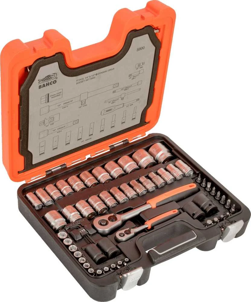 Bahco Galvučių, terkšlės ir priedų rinkinys 1/2" + 1/4" 77vnt