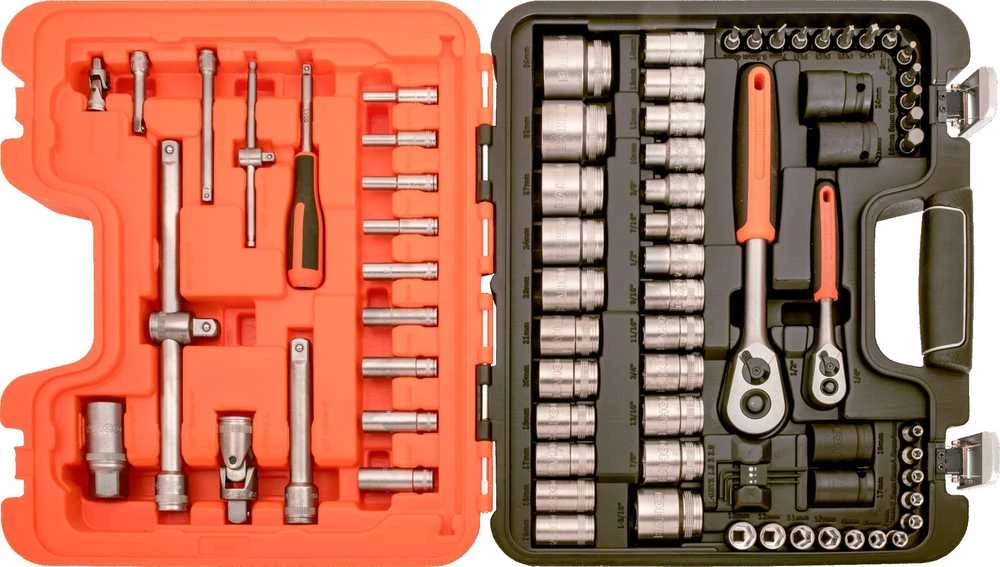 Bahco Galvučių, terkšlės ir priedų rinkinys 1/2" + 1/4" 77vnt