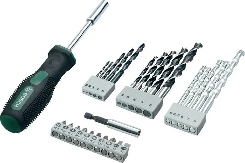 Grąžtas Bosch 27 dalių komplektas su atsuktuvas