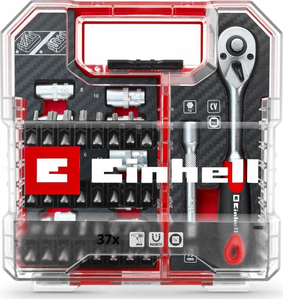 EINHELL atsuktuvų antgalių ir veržliarakčių komplektas su 1/4" reketu, 37 vnt. | Einhell