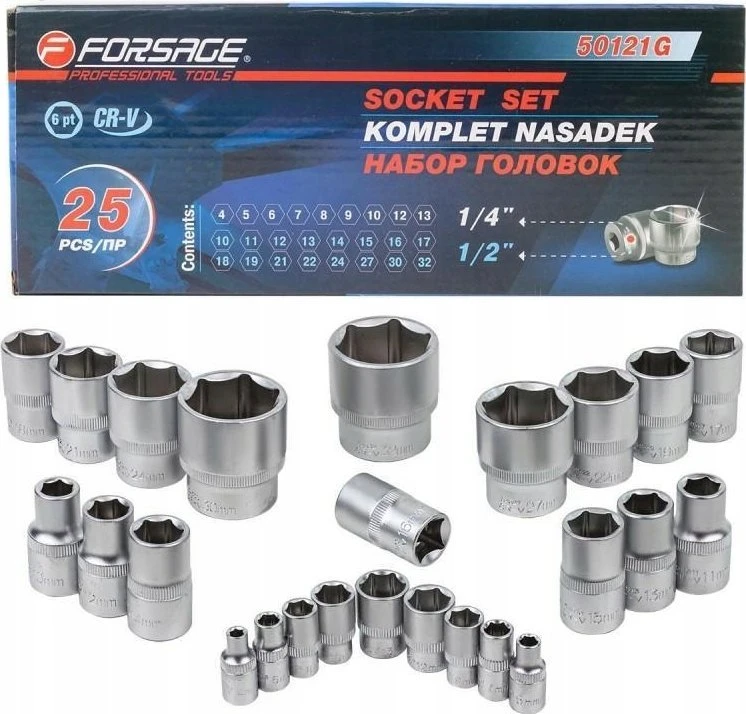 Įrankių rinkinys Forsage Rinkinys nasadek 1/4" & 1/2" 25el. (4-32mm) (6-kątnych)