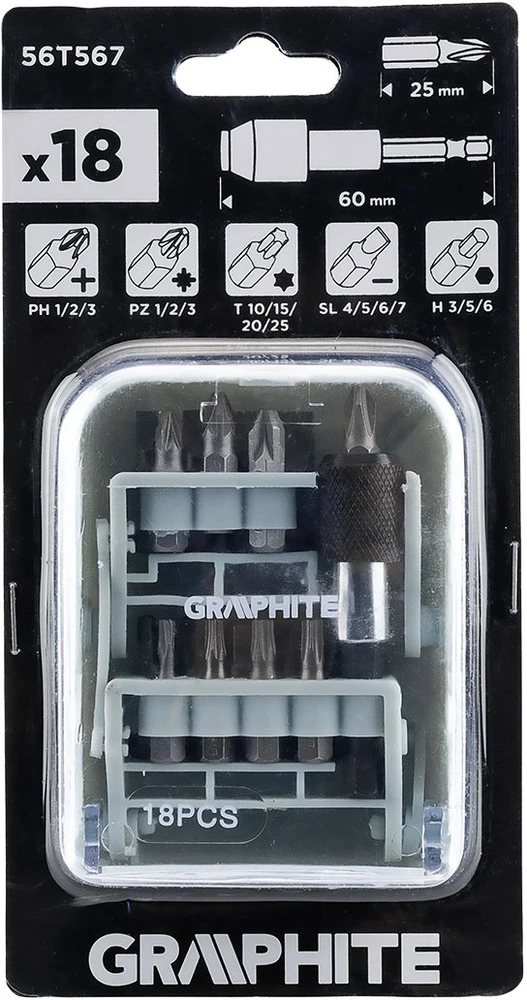 Graphite Rinkinys Atsuktuvų antgalių rinkinys su laikikliu, 18 dalių