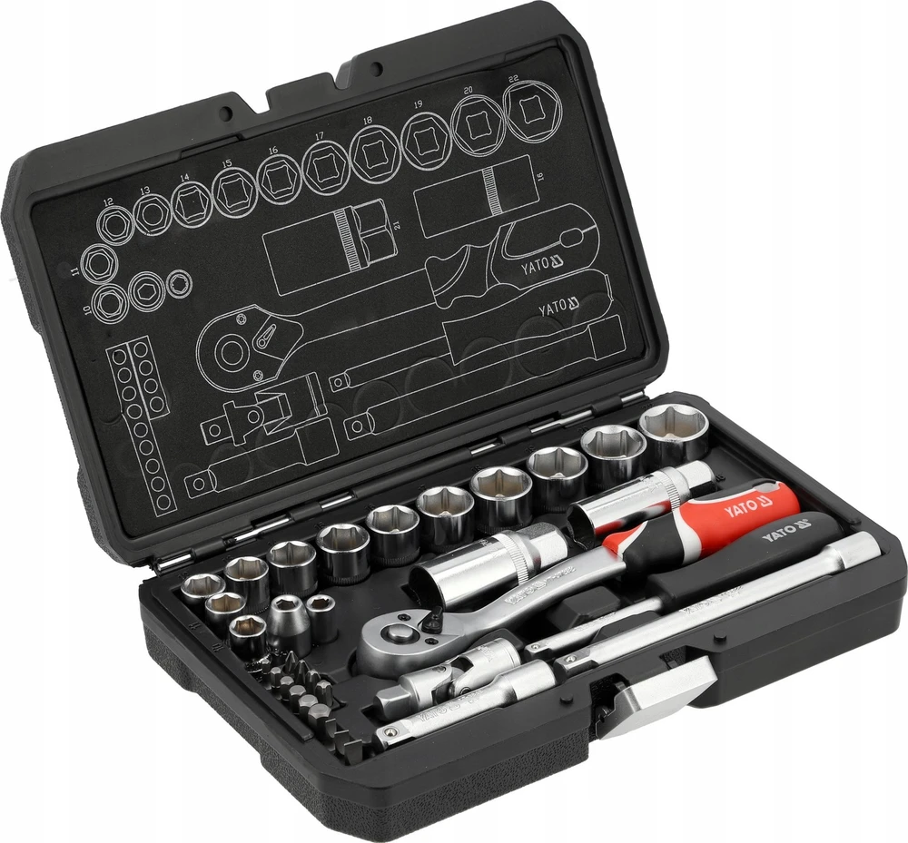 Yato Toya Sa Poland Galvučių ir įrankių rinkinys – profesionalus, AS-Drive – 1/4" + 3/8", 34 vnt (YT-38700)