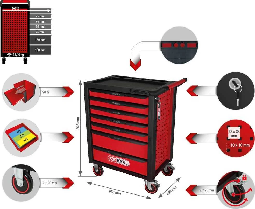 Įrankių vežimėlis RACINGline, 7 stalčiai, KS Tools