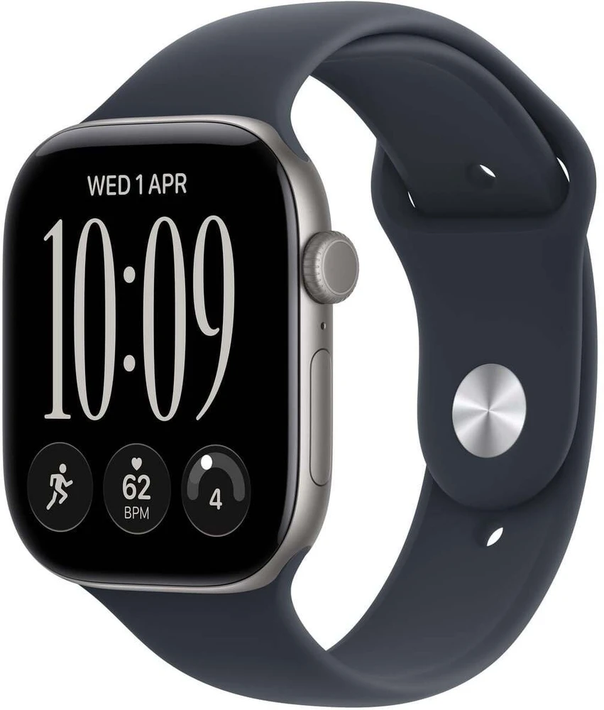 Išmanusis laikrodis Apple Watch Series 12 GPS 46 mm kosminio pilkojo aliuminio korpusas su tamsiai mėlyna sportine apyranke – S/M – MJEH4ET/A