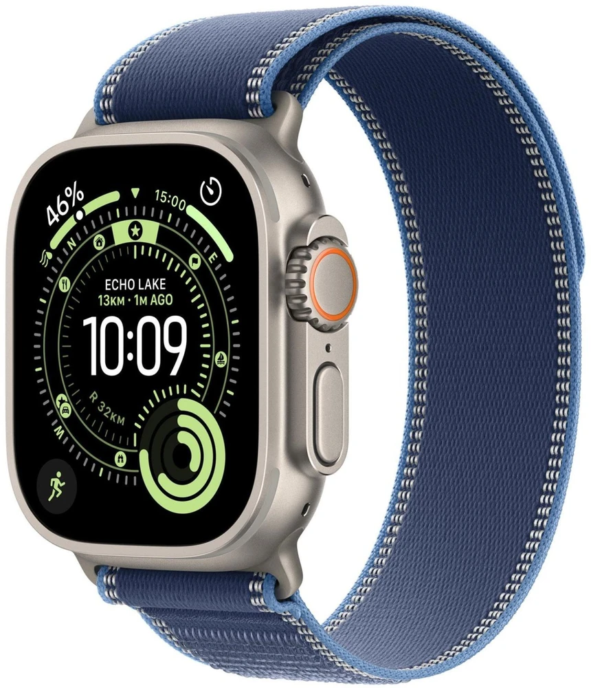 Išmanusis laikrodis Apple Watch ultra 3 gps + cellular, koperta 49 mm su tytanu w kolorze naturalnym, opaska trail w kolorze niebieskim/jaskrawoniebieskim - dydis m/l