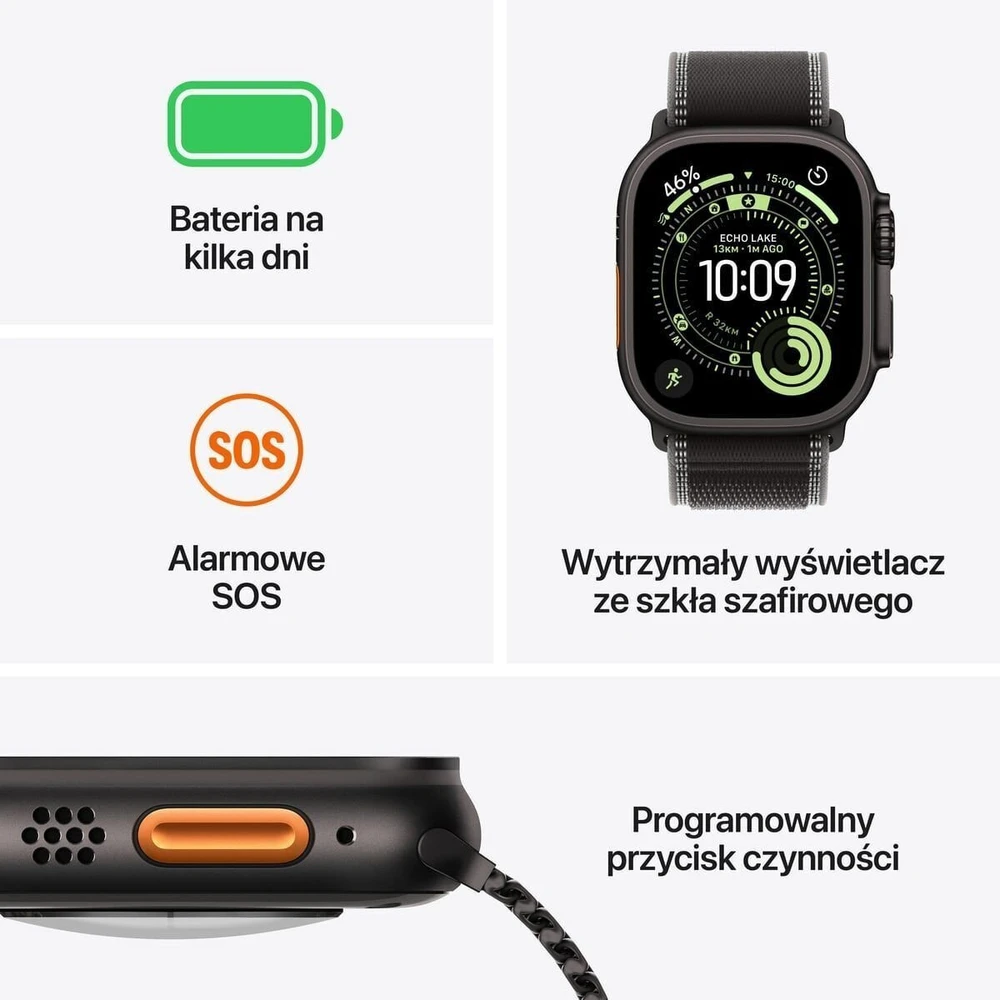 Išmanusis laikrodis Apple „Watch Ultra 3 GPS + Cellular“, 49 mm, juodo titano korpusas | Juodas titano Milano apyrankės dirželis – S