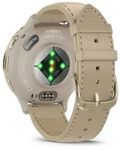 Išmanusis laikrodis Garmin Venu® 3S Šviesaus aukso spalvos nerūdijančiojo plieno apvadas su žalsvai pilkos spalvos korpusu ir odiniu dirželiu