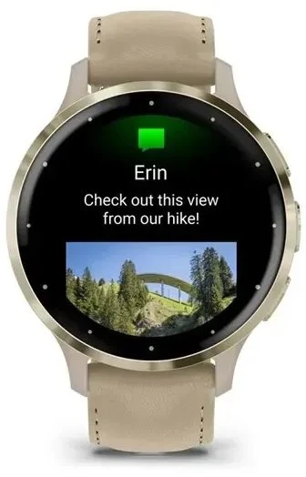 Išmanusis laikrodis Garmin Venu® 3S Šviesaus aukso spalvos nerūdijančiojo plieno apvadas su žalsvai pilkos spalvos korpusu ir odiniu dirželiu