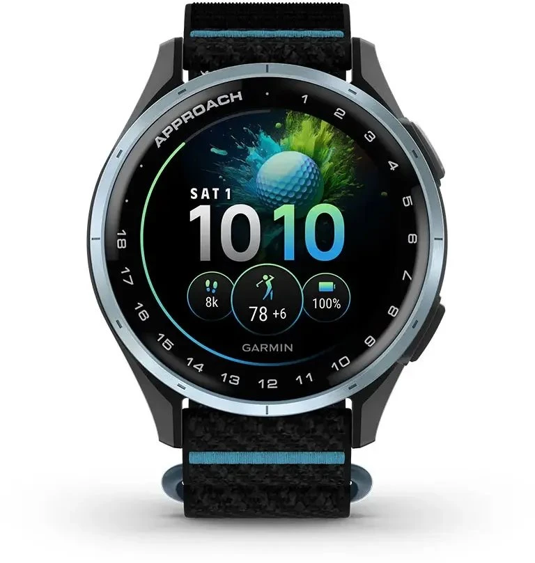 Išmanusis laikrodis Garmin Approach® J1, debesų mėlynos spalvos aliumininis korpusas su juodos / žydros spalvos „ComfortFit“ medžiaginiu dirželiu | 010-03898-00